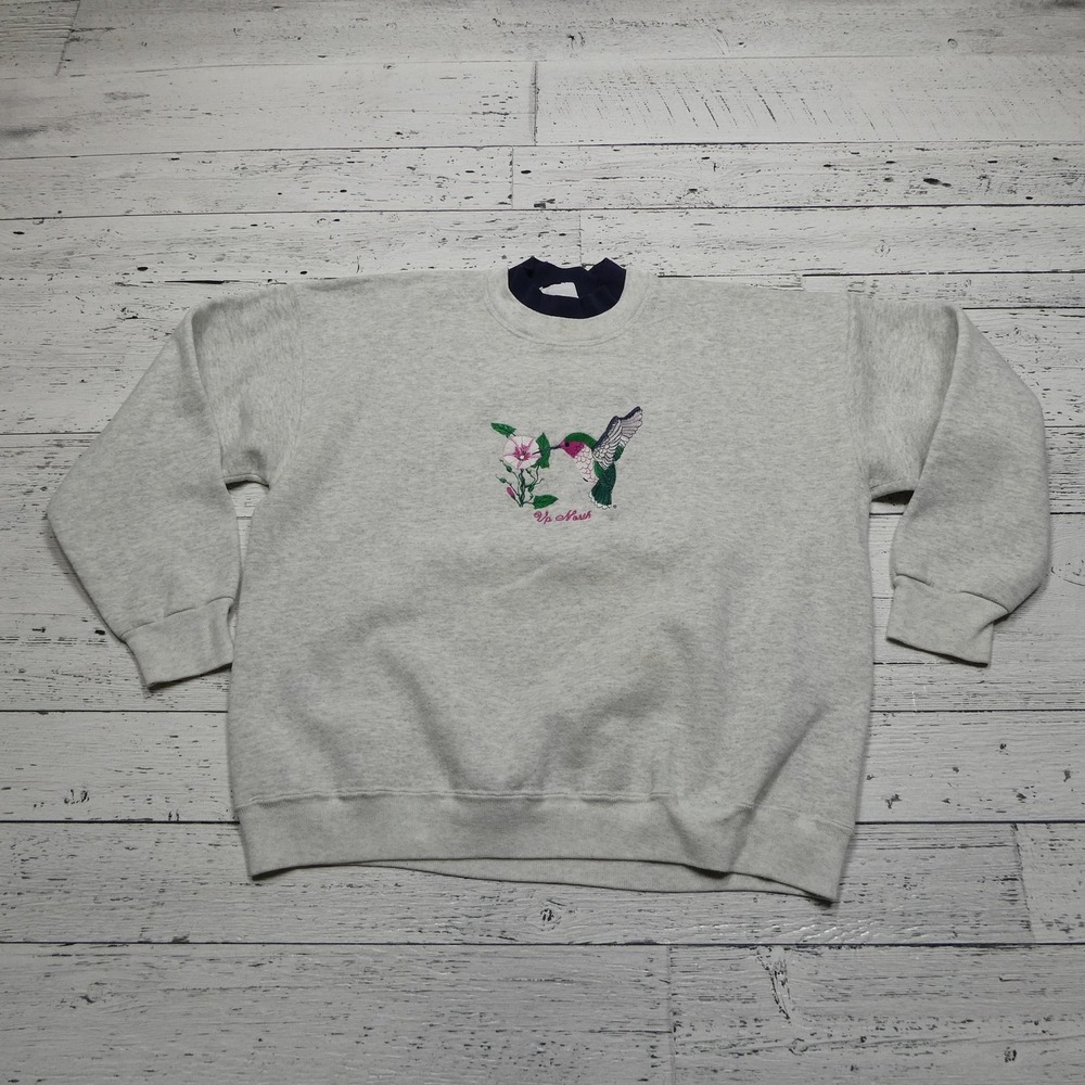 Lee Sweatshirt Womens 2XL Gray Up North Hummingbird Floral Crewneck Made USA